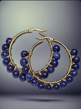 18k Gold Plated Genuine Lapis Lazuli Stone 2" Hoop Earrings